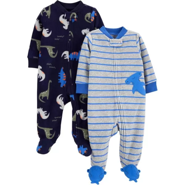 Simple Joys by Carters Baby Boys 2Pack Fleece Footed Sleep and PlayBlue DinosaurGrey Stripe