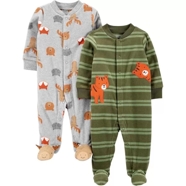 Simple Joys by Carters Baby Boys 2Pack Fleece Footed Sleep and PlayGrey Forest AnimalsOlive Tiger