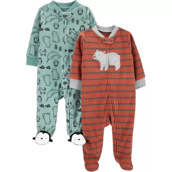 Simple Joys by Carters Baby Boys 2Pack Fleece Footed Sleep and PlayRust StripeSpruce Green Forest Animals