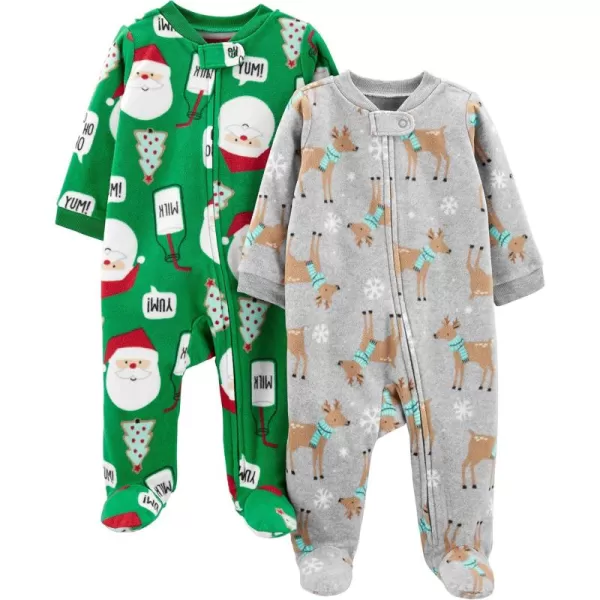 Simple Joys by Carters Baby Holiday Fleece Footed Sleep and Play Pack of 2Green SantaGrey Heather Reindeer