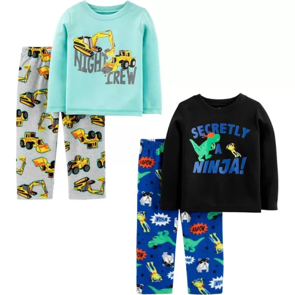 Simple Joys by Carters Boys and Toddlers 4Piece Pajama Set Cotton Top ampamp Fleece BottomAqua Blue TrucksBlack DinosuarCobalt BlueGrey Construction