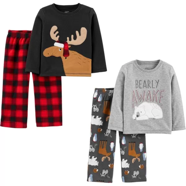 Simple Joys by Carters Boys and Toddlers 4Piece Pajama Set Cotton Top ampamp Fleece BottomBlack ReindeerDark Grey Forest AnimalsGrey Polar BearBuffalo Plaid