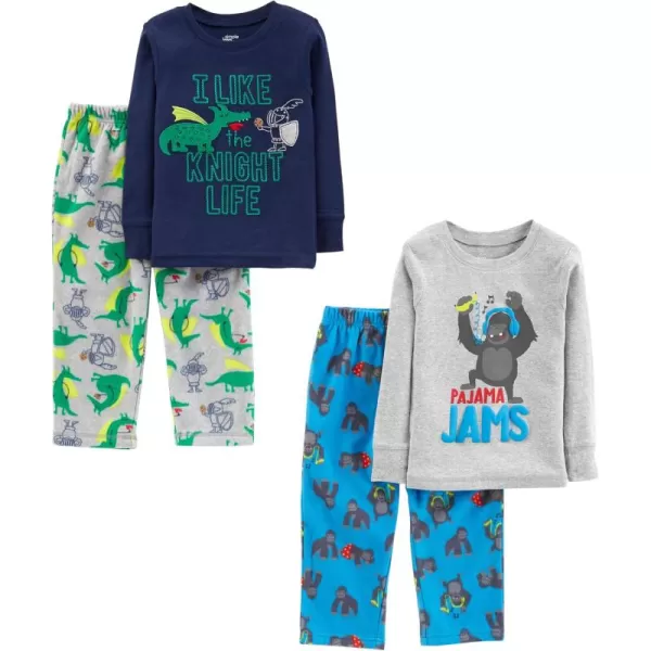 Simple Joys by Carters Boys and Toddlers 4Piece Pajama Set Cotton Top ampamp Fleece BottomBlue GorillaGrey DragonNavy Text Print