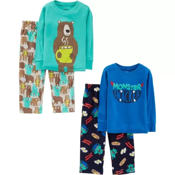 Simple Joys by Carters Boys and Toddlers 4Piece Pajama Set Cotton Top ampamp Fleece BottomBlueGrey BearTurquoise GreenJunk Food Monster