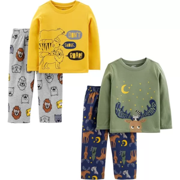 Simple Joys by Carters Boys and Toddlers 4Piece Pajama Set Cotton Top ampamp Fleece BottomGold LionGreyNavy Reindeer PrintOlive Stars