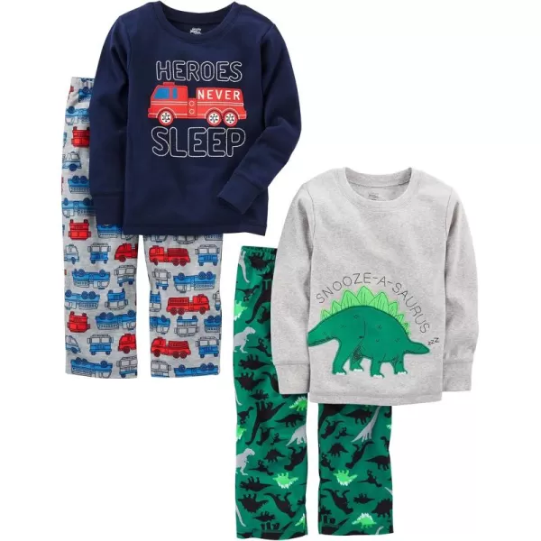 Simple Joys by Carters Boys and Toddlers 4Piece Pajama Set Cotton Top ampamp Fleece BottomGreyGreen DinosaurFiretruckHeroes