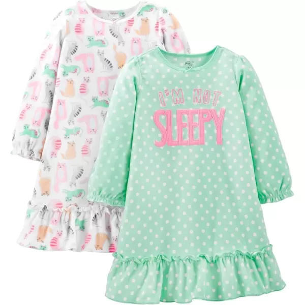 Simple Joys by Carters Girls 2Pack Fleece NightgownsMint Green DotsWhite Cat