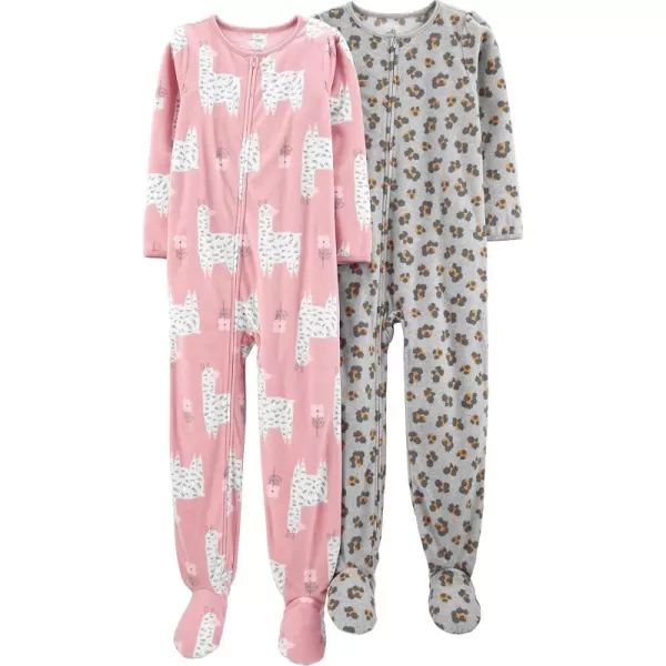 Simple Joys by Carters Girls 2Pack Loosefit Fleece Footed PajamasGrey LeopardPink Llama