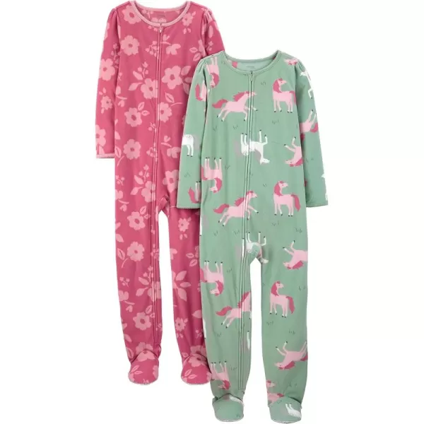 Simple Joys by Carters Girls 2Pack Loosefit Fleece Footed PajamasMint Green HorsesRaspberry Red Floral