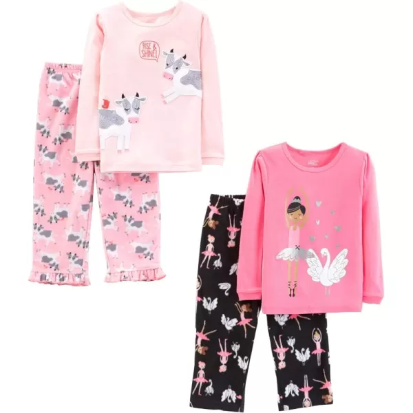 Simple Joys by Carters Girls 4Piece Pajama Set Cotton Top ampamp Fleece BottomBlack BallerinaLight PinkPink CowSwans