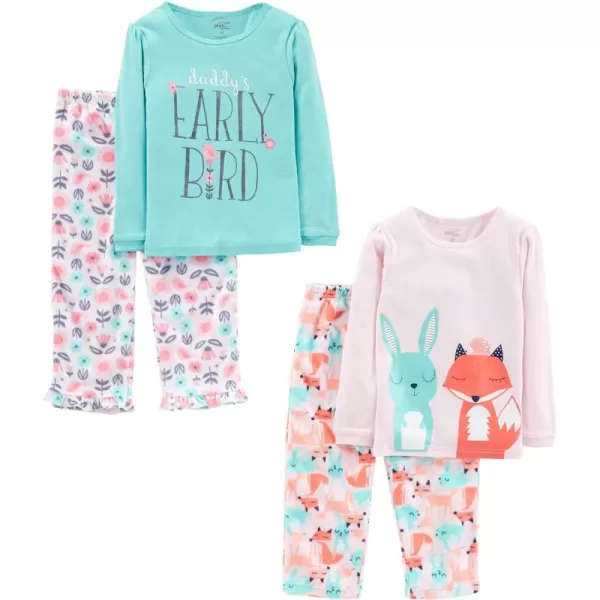 Simple Joys by Carters Girls 4Piece Pajama Set Cotton Top ampamp Fleece BottomBlue Text PrintLight Pink FloralPink Animal Print