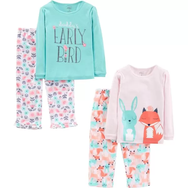 Simple Joys by Carters Girls 4Piece Pajama Set Cotton Top ampamp Fleece BottomBlue Text PrintLight Pink FloralPink Forest Animals