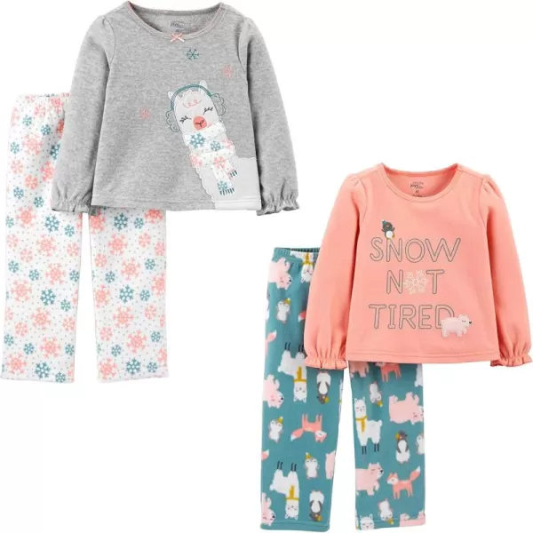 Simple Joys by Carters Girls 4Piece Pajama Set Cotton Top ampamp Fleece BottomGrey LlamaPeach Text PrintWhite SnowflakeForest Animals