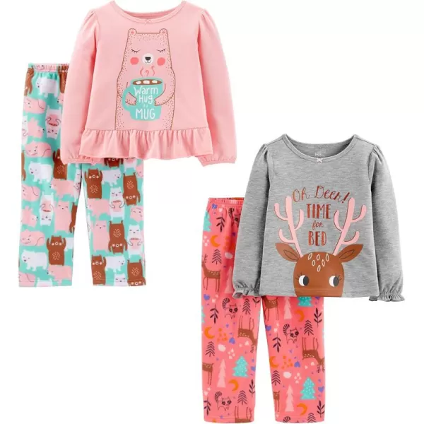 Simple Joys by Carters Girls 4Piece Pajama Set Cotton Top ampamp Fleece BottomGrey Reindeer PrintLight Pink BearMint GreenPink