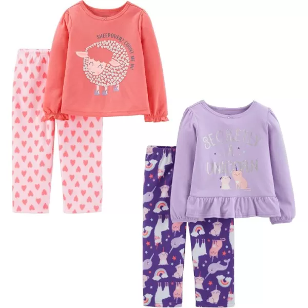 Simple Joys by Carters Girls 4Piece Pajama Set Cotton Top ampamp Fleece BottomHeartsSheepText PrintUnicorn