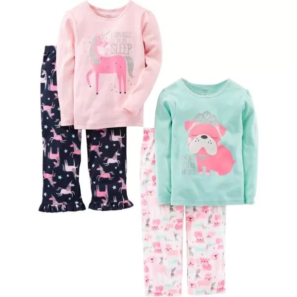 Simple Joys by Carters Girls 4Piece Pajama Set Cotton Top ampamp Fleece BottomMint Green PuppyNavyPink UnicornWhite Dogs