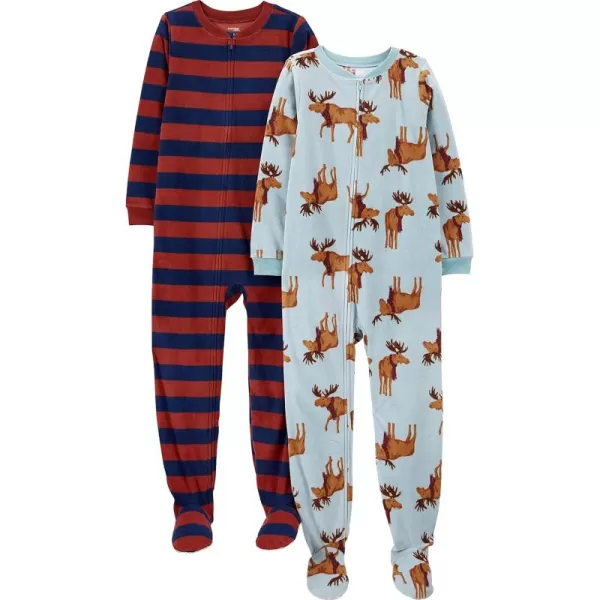 Simple Joys by Carters Kids Holiday Loosefit Flame Resistant Fleece Footed PajamasBurgundy StripeLight Blue Moose