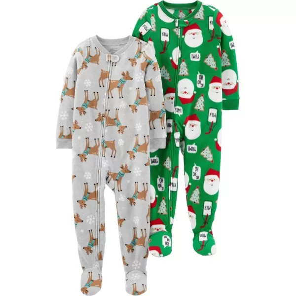 Simple Joys by Carters Kids Holiday Loosefit Flame Resistant Fleece Footed PajamasGreen SantaGrey Heather Reindeer