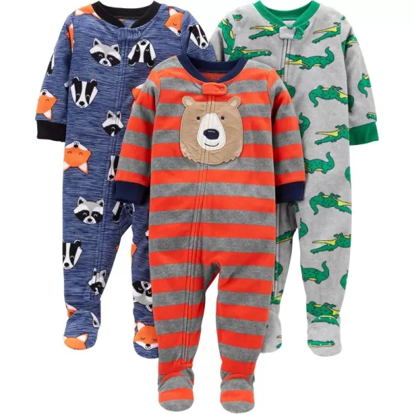 Simple Joys by Carters Toddlers and Baby Boys LooseFit Flame Resistant Fleece Footed Pajamas Pack of 3Blue FoxGrey CrocodileOrange Bear