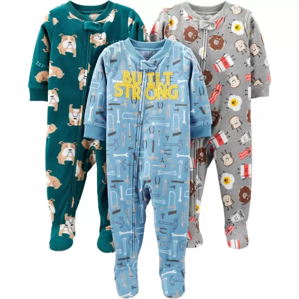 Simple Joys by Carters Toddlers and Baby Boys LooseFit Flame Resistant Fleece Footed Pajamas Pack of 3Blue ToolsGreen DogsGrey Breakfast