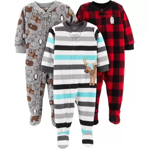 Simple Joys by Carters Toddlers and Baby Boys LooseFit Flame Resistant Fleece Footed Pajamas Pack of 3Buffalo CheckPolar BearStripe