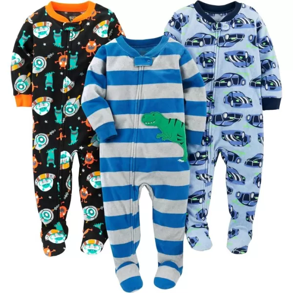 Simple Joys by Carters Toddlers and Baby Boys LooseFit Flame Resistant Fleece Footed Pajamas Pack of 3CarsDinosaurSpace