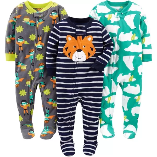 Simple Joys by Carters Toddlers and Baby Boys LooseFit Flame Resistant Fleece Footed Pajamas Pack of 3Charcoal SuperheroGreen Polar BearNavy Tiger