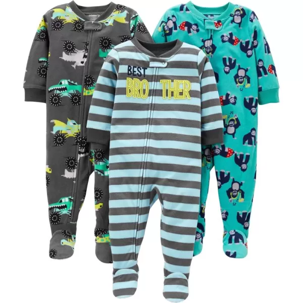 Simple Joys by Carters Toddlers and Baby Boys LooseFit Flame Resistant Fleece Footed Pajamas Pack of 3Dark Grey Monster TrucksLight Blue StripeTurquoise Blue Gorilla