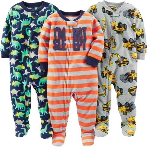 Simple Joys by Carters Toddlers and Baby Boys LooseFit Flame Resistant Fleece Footed Pajamas Pack of 3Grey ConstructionNavy DinosaurOrange Stripe