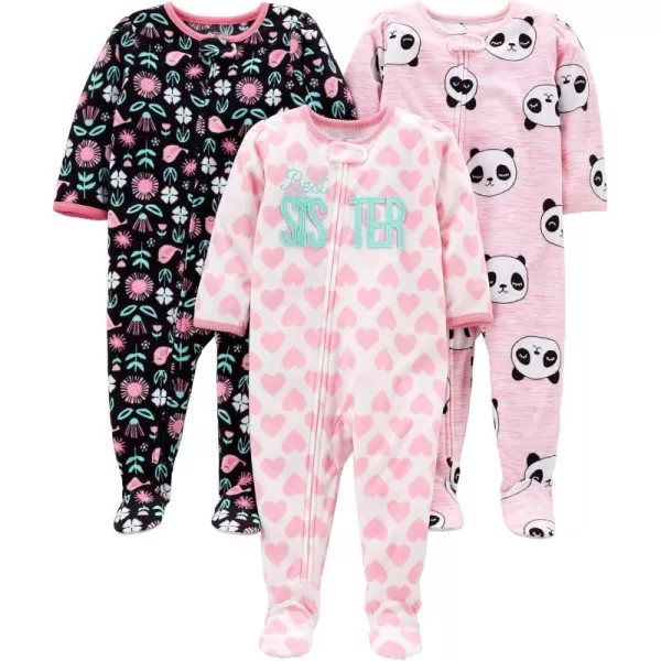 Simple Joys by Carters Toddlers and Baby Girls LooseFit Flame Resistant Fleece Footed Pajamas Pack of 3Black FloralPink PandaWhite Hearts