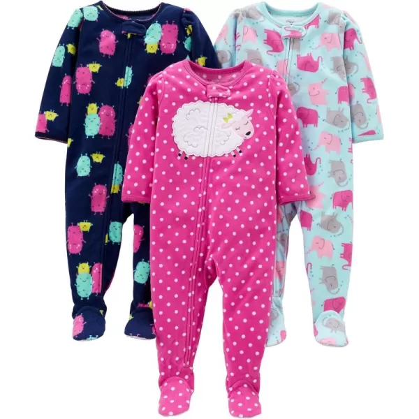 Simple Joys by Carters Toddlers and Baby Girls LooseFit Flame Resistant Fleece Footed Pajamas Pack of 3Blue ElephantNavy MonsterPink Dots