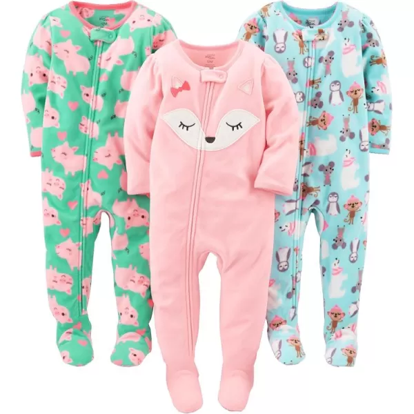 Simple Joys by Carters Toddlers and Baby Girls LooseFit Flame Resistant Fleece Footed Pajamas Pack of 3Blue PenguinGreen PigPink Fox