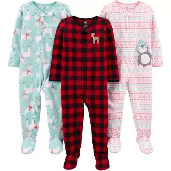 Simple Joys by Carters Toddlers and Baby Girls LooseFit Flame Resistant Fleece Footed Pajamas Pack of 3Buffalo CheckPenguinUnicorn