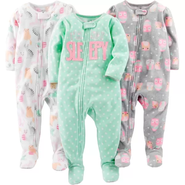 Simple Joys by Carters Toddlers and Baby Girls LooseFit Flame Resistant Fleece Footed Pajamas Pack of 3CatDotsOwls