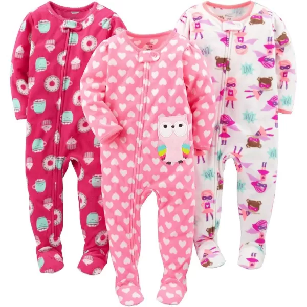 Simple Joys by Carters Toddlers and Baby Girls LooseFit Flame Resistant Fleece Footed Pajamas Pack of 3DonutHeartsSuperhero