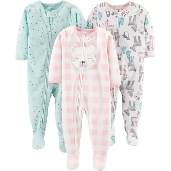 Simple Joys by Carters Toddlers and Baby Girls LooseFit Flame Resistant Fleece Footed Pajamas Pack of 3Offwhite DeerPink LlamaTurquoise Green Snowflake