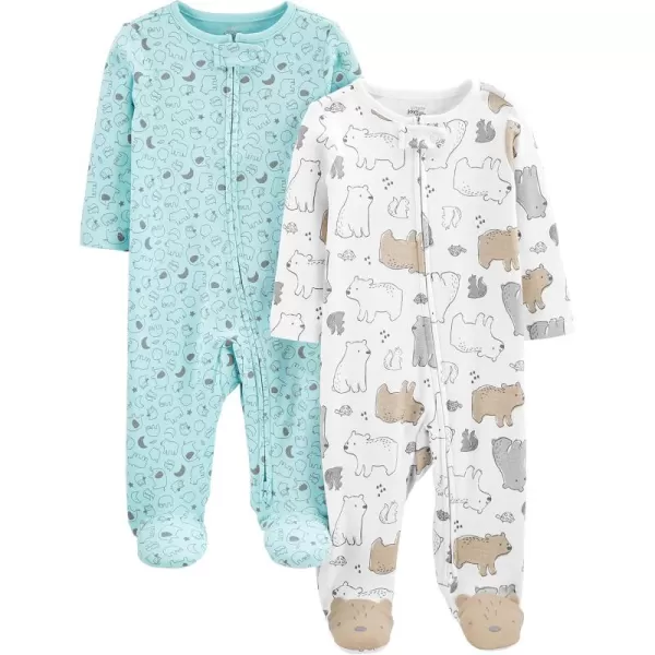 Simple Joys by Carters Baby Neutral 2Pack Cotton Footed Sleep and PlayAqua Blue Forest AnimalsWhite Bear