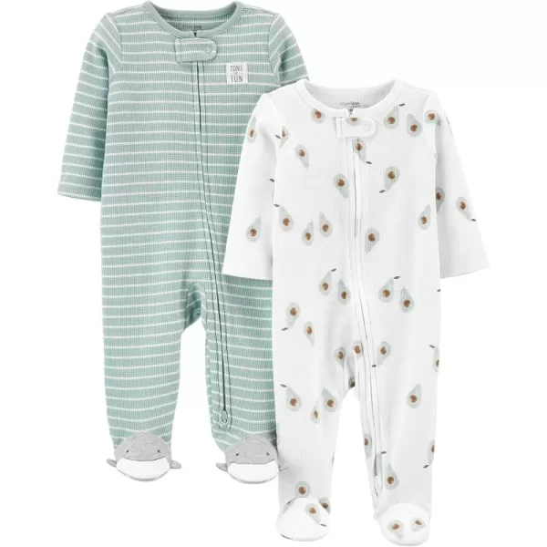 Simple Joys by Carters Baby 2Way Zip Thermal Footed Sleep and Play Pack of 2Mint Green StripeWhite Avocados