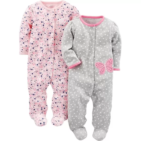 Simple Joys by Carters Baby Girls 2Pack Cotton Snap Footed Sleep and PlayGrey ButterflyPink Floral