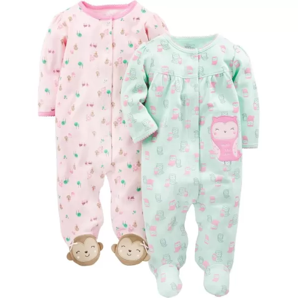 Simple Joys by Carters Baby Girls 2Pack Cotton Snap Footed Sleep and PlayMint Green OwlsPink Monkey