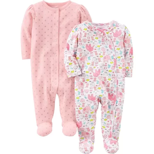 Simple Joys by Carters Baby Girls 2Pack Cotton Snap Footed Sleep and PlayPink AnimalDots