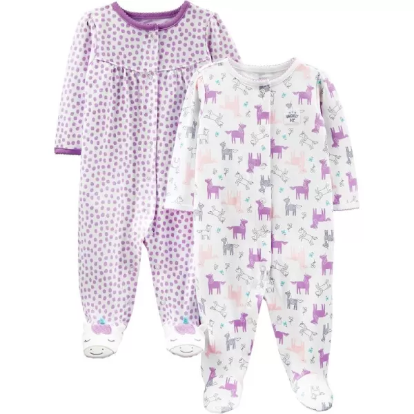 Simple Joys by Carters Baby Girls 2Pack Cotton Snap Footed Sleep and PlayPurple DotsWhite Unicorn