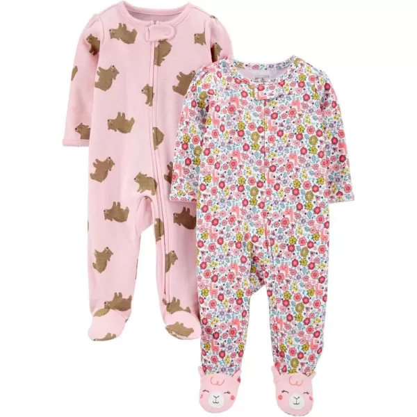 Simple Joys by Carters Baby Girls Cotton Footed Sleep and Play Pack of 2Pink BearWhite Floral