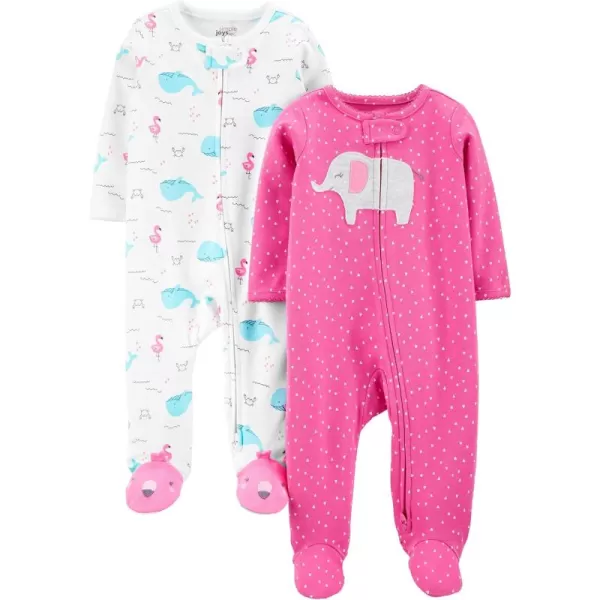 Simple Joys by Carters Baby Girls Cotton Footed Sleep and Play Pack of 2Pink ElephantWhite Sea Life