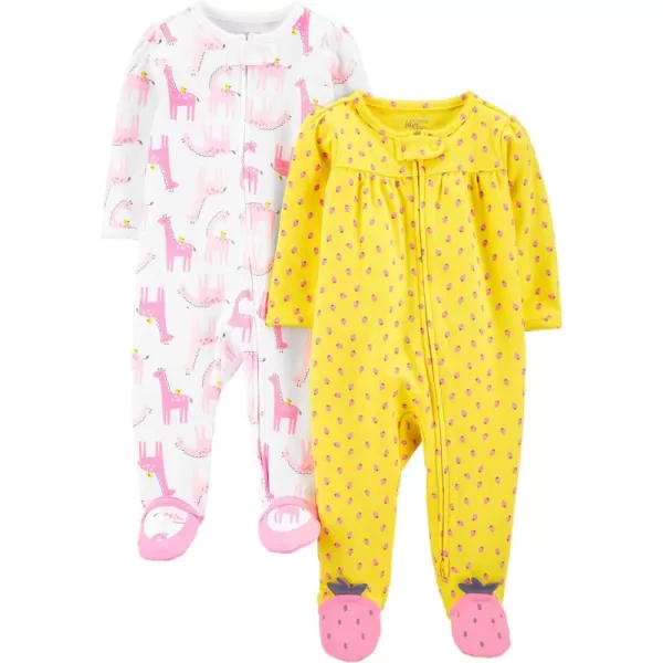 Simple Joys by Carters Baby Girls Cotton Footed Sleep and Play Pack of 2White GiraffeYellow Strawberries