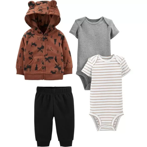 Simple Joys by Carters babyboys 4piece Jacket Pant and Bodysuit SetBlackBrown ReindeerGrey HeatherWhite Stripe