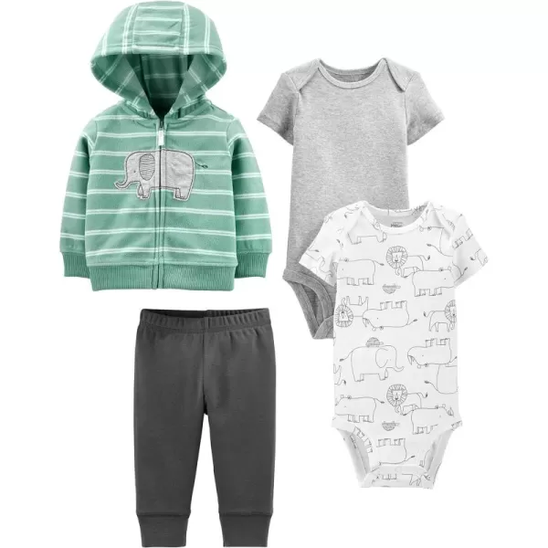 Simple Joys by Carters babyboys 4piece Jacket Pant and Bodysuit SetDark GreyGreyMint Green ElephantWhite Forest Animals