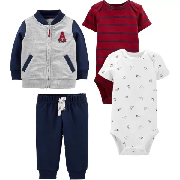 Simple Joys by Carters babyboys 4piece Jacket Pant and Bodysuit SetGreyNavyRed StripeWhite Sports