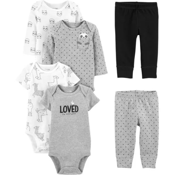 Simple Joys by Carters babyboys 6piece Bodysuits Short and Long Sleeve and Pants SetBlackGrey Text PrintWhite LlamaPanda