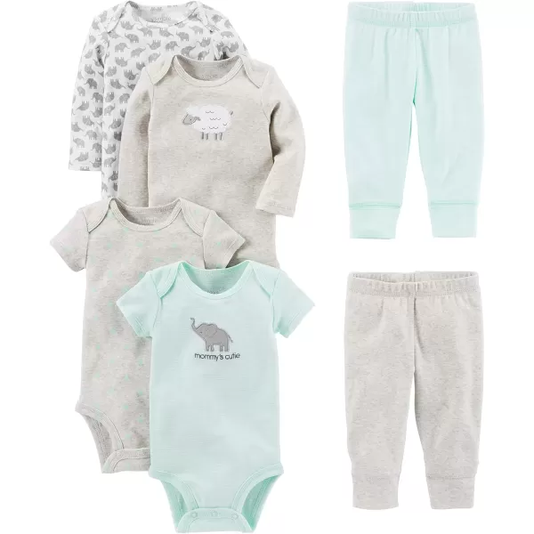 Simple Joys by Carters babyboys 6piece Bodysuits Short and Long Sleeve and Pants SetGreyMint GreenElephantLamb